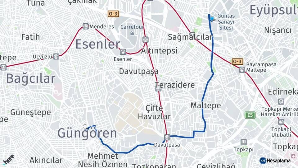 İstanbul Bayrampaşa Güngören Arası Kaç Km - Yol Haritası