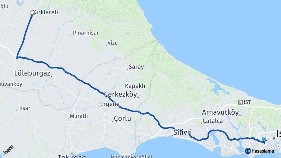 İstanbul Bayrampaşa Kırklareli Arası Kaç Km - Yol Haritası