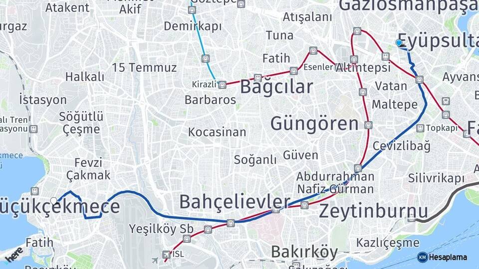 İstanbul Bayrampaşa Küçükçekmece Arası Kaç Km - Yol Haritası