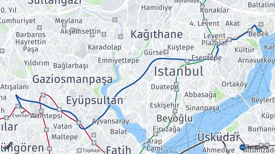 İstanbul Beşiktaş Bebek Esenler Arası Kaç Km - Yol Haritası