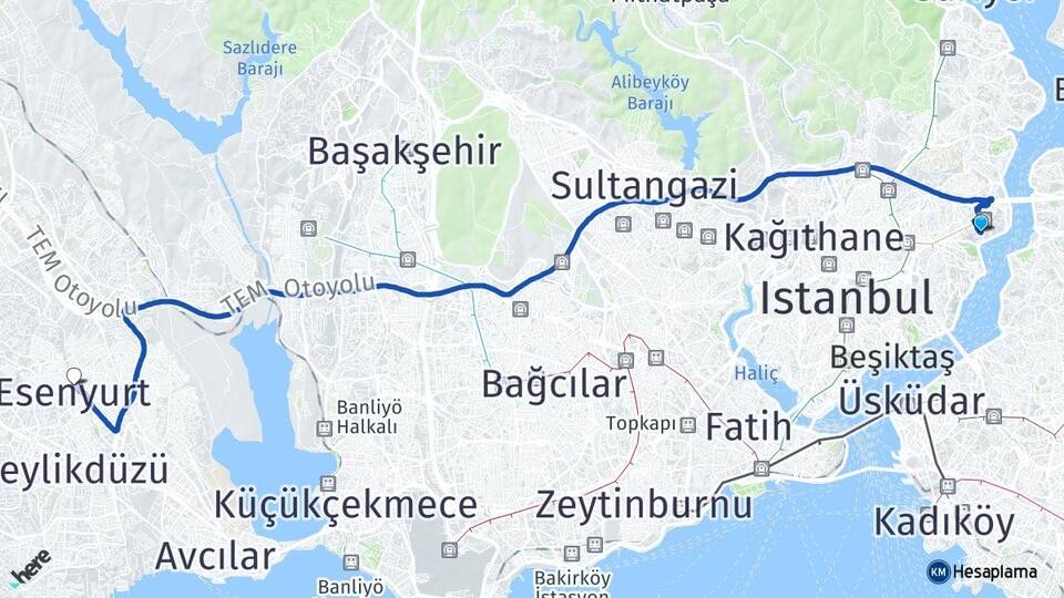 İstanbul Beşiktaş Bebek Esenyurt Arası Kaç Km - Yol Haritası