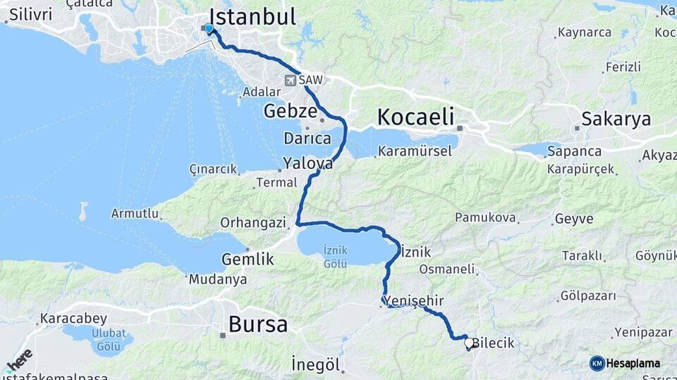 İstanbul Beşiktaş Bilecik Arası Kaç Km - Yol Haritası