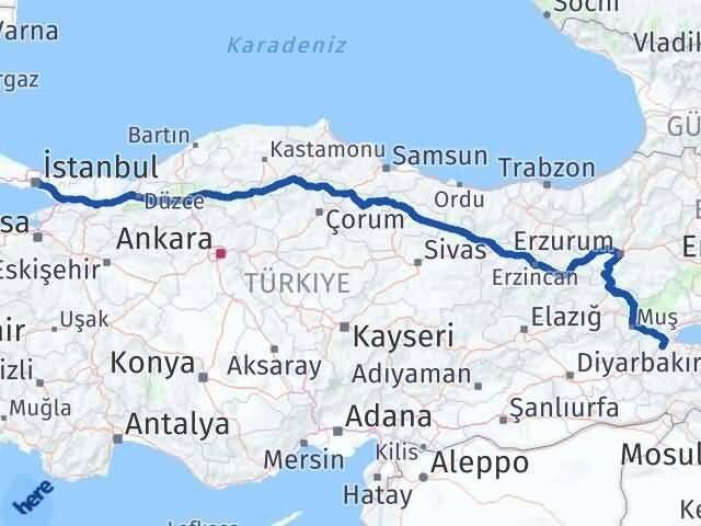 İstanbul Beşiktaş Bitlis Arası Kaç Km - Yol Haritası