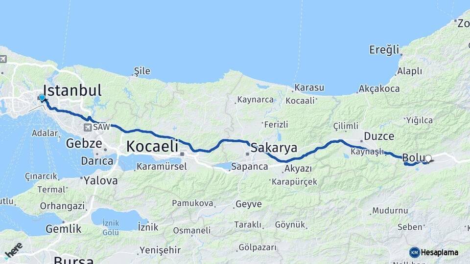 İstanbul Beşiktaş Bolu Arası Kaç Km - Yol Haritası