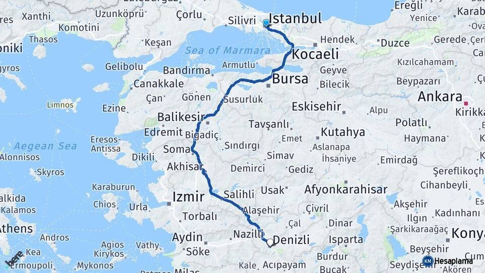 İstanbul Beşiktaş Denizli Arası Kaç Km - Yol Haritası