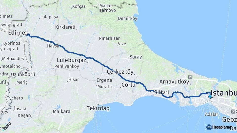 İstanbul Beşiktaş Edirne Arası Kaç Km - Yol Haritası