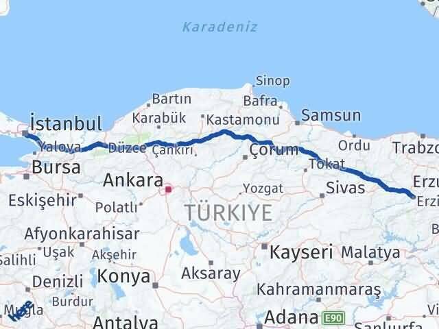 İstanbul Beşiktaş Erzincan Arası Kaç Km - Yol Haritası