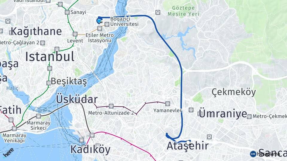 İstanbul Beşiktaş Etiler Ataşehir Arası Kaç Km - Yol Haritası