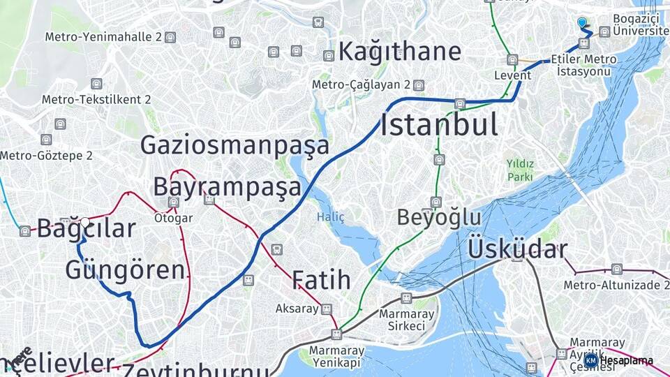 İstanbul Beşiktaş Etiler Bağcılar Arası Kaç Km - Yol Haritası