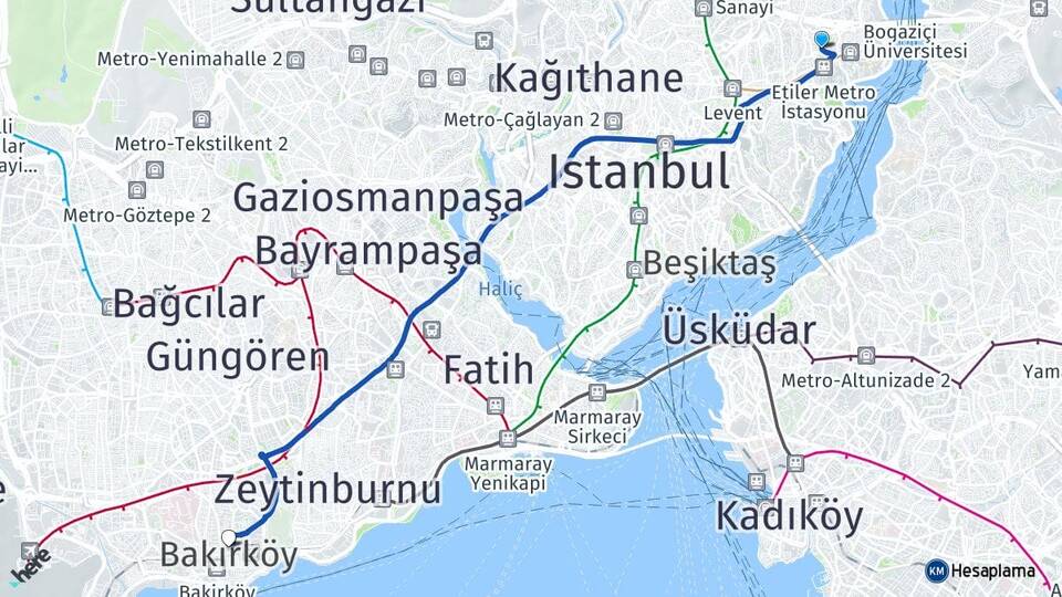 İstanbul Beşiktaş Etiler Bakırköy Arası Kaç Km - Yol Haritası