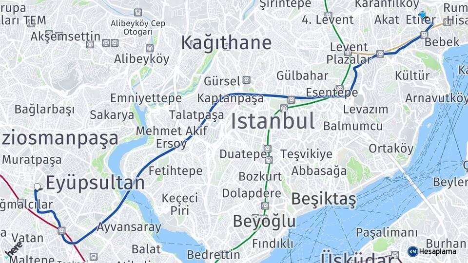 İstanbul Beşiktaş Etiler Bayrampaşa Arası Kaç Km - Yol Haritası