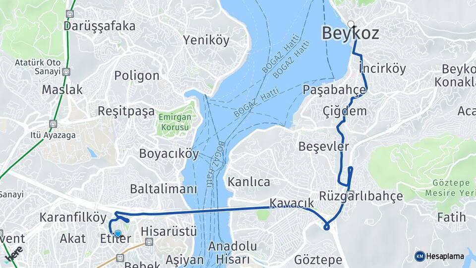 İstanbul Beşiktaş Etiler Beykoz Arası Kaç Km - Yol Haritası