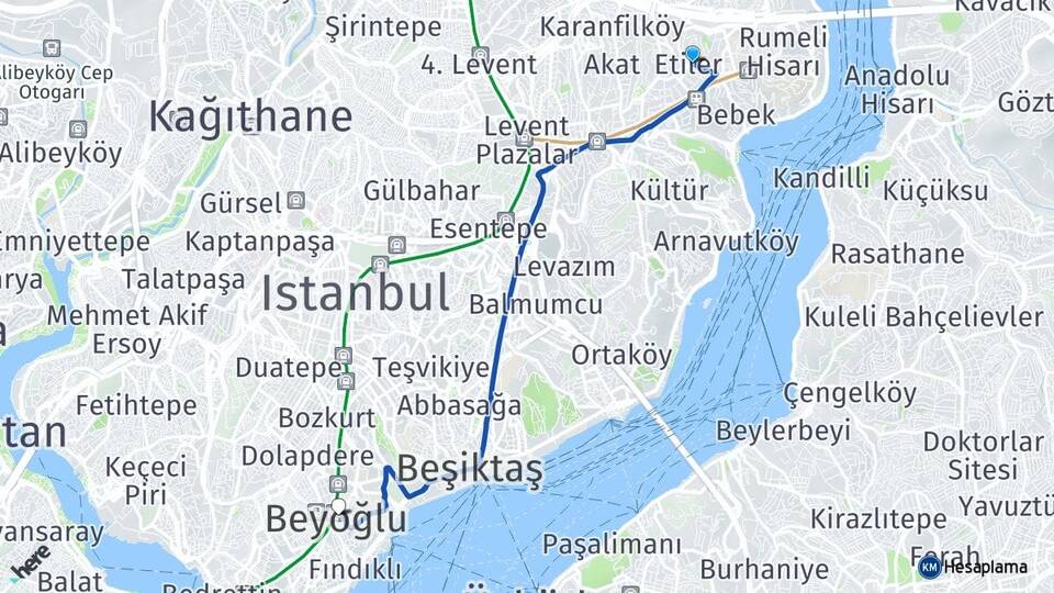 İstanbul Beşiktaş Etiler Beyoğlu Arası Kaç Km - Yol Haritası