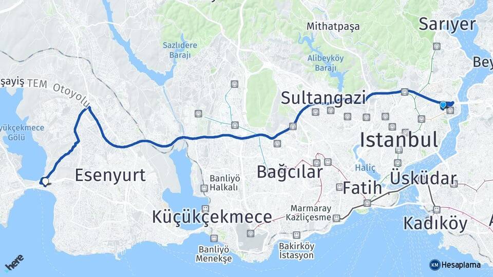 İstanbul Beşiktaş Etiler Büyükçekmece Arası Kaç Km - Yol Haritası