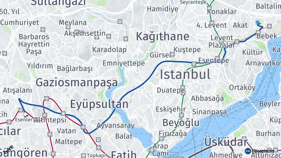 İstanbul Beşiktaş Etiler Esenler Arası Kaç Km - Yol Haritası