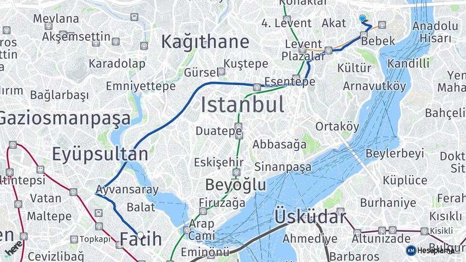 İstanbul Beşiktaş Etiler Fatih Arası Kaç Km - Yol Haritası