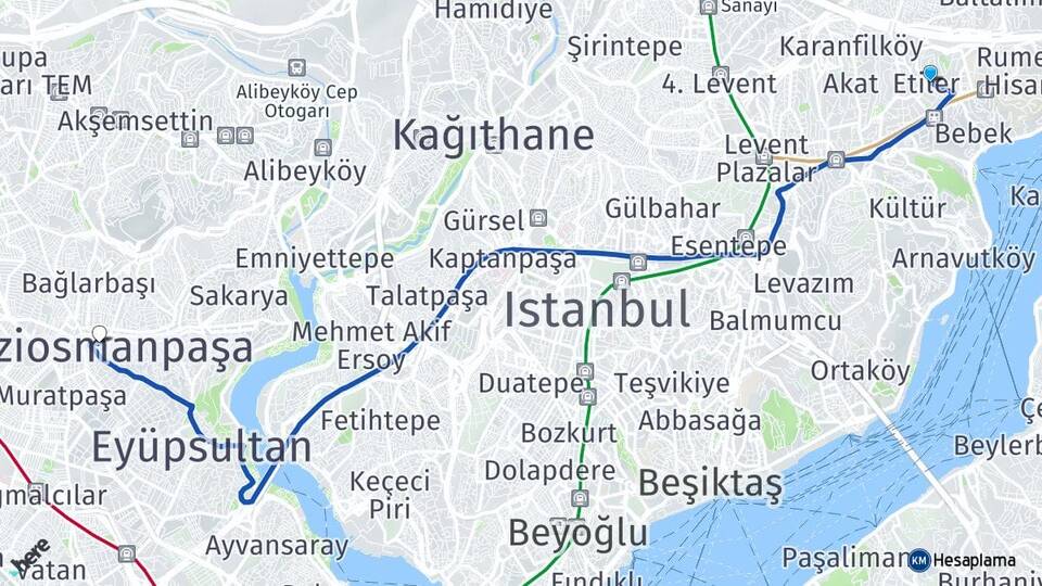 İstanbul Beşiktaş Etiler Gaziosmanpaşa Arası Kaç Km - Yol Haritası