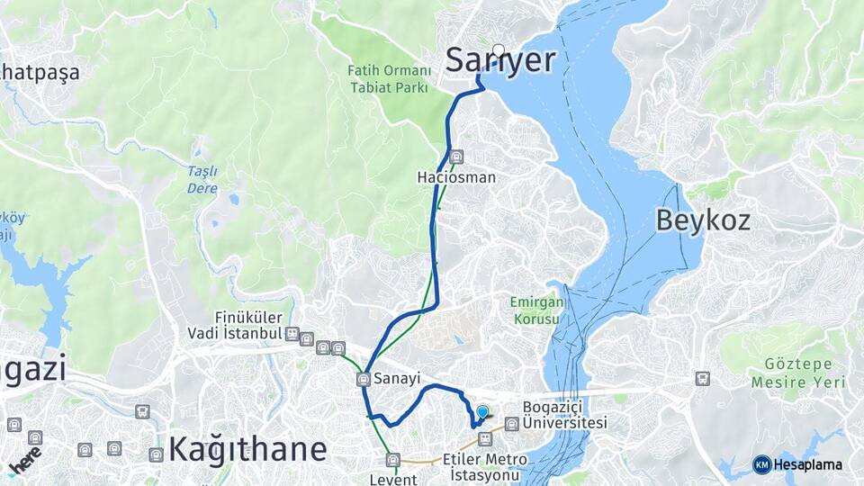 İstanbul Beşiktaş Etiler Sarıyer Arası Kaç Km - Yol Haritası