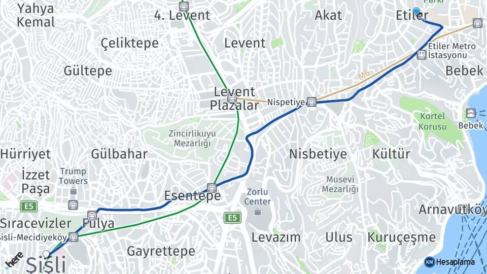 İstanbul Beşiktaş Etiler Şişli Arası Kaç Km - Yol Haritası