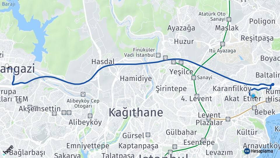 İstanbul Beşiktaş Etiler Sultangazi Arası Kaç Km - Yol Haritası