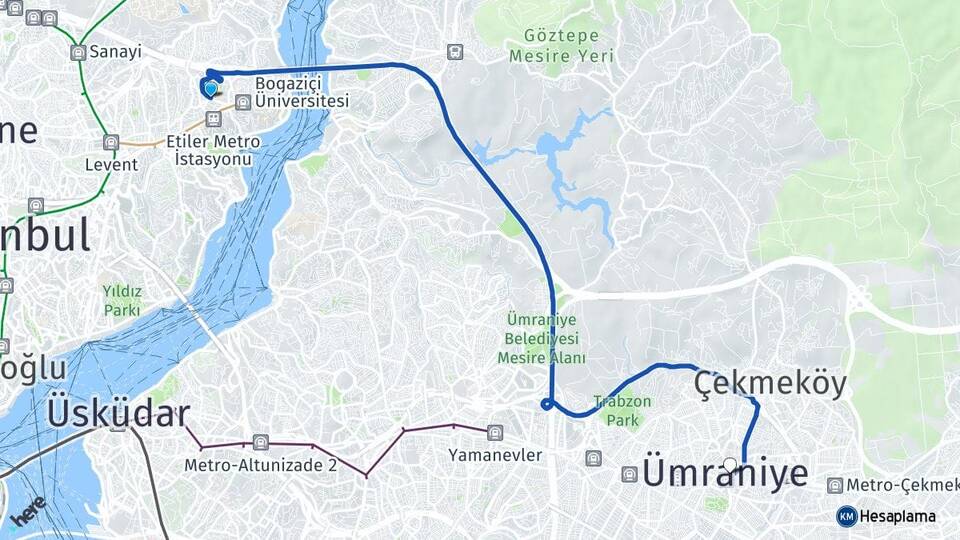 İstanbul Beşiktaş Etiler Ümraniye Arası Kaç Km - Yol Haritası