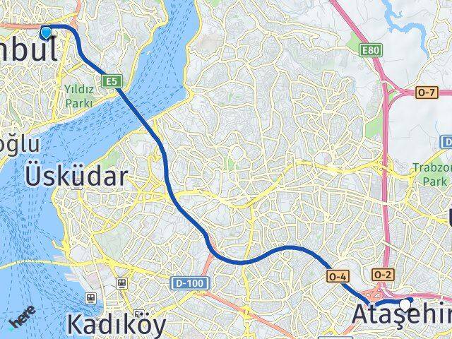 İstanbul Beşiktaş Gayrettepe Ataşehir Arası Kaç Km - Yol Haritası