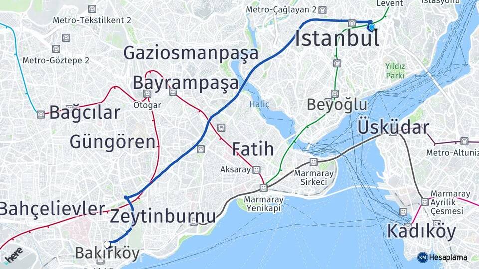 İstanbul Beşiktaş Gayrettepe Bakırköy Arası Kaç Km - Yol Haritası
