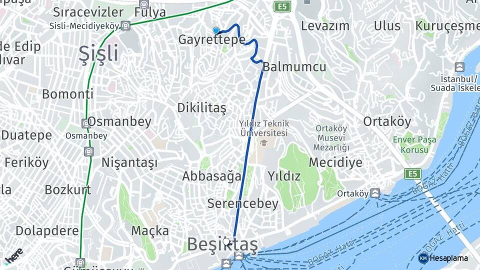 İstanbul Beşiktaş Gayrettepe Beşiktaş Arası Kaç Km - Yol Haritası