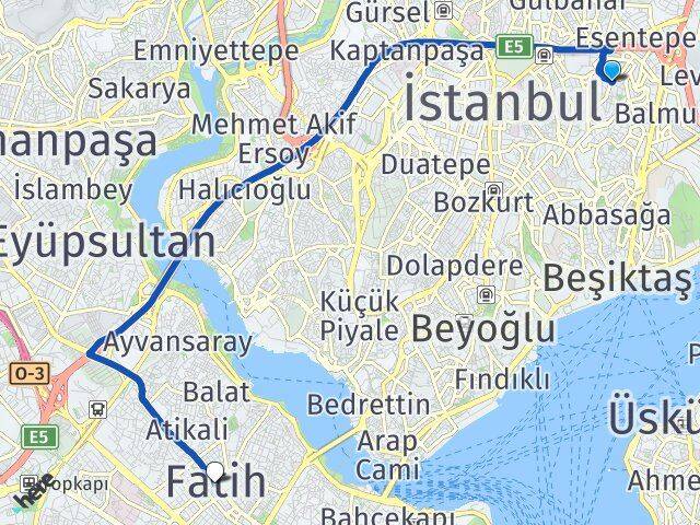 İstanbul Beşiktaş Gayrettepe Fatih Arası Kaç Km - Yol Haritası