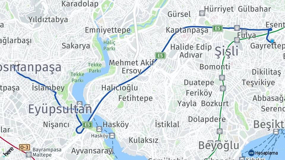 İstanbul Beşiktaş Gayrettepe Gaziosmanpaşa Arası Kaç Km - Yol Haritası