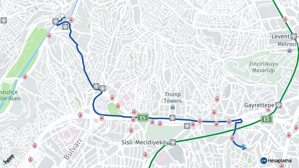 İstanbul Beşiktaş Gayrettepe Kağıthane Arası Kaç Km - Yol Haritası