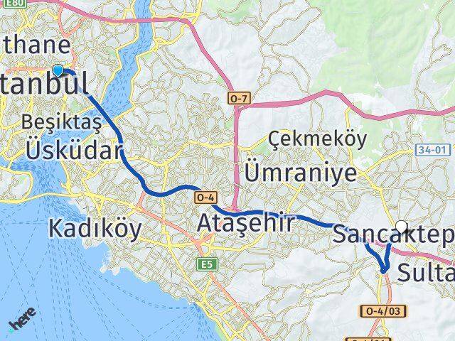 İstanbul Beşiktaş Gayrettepe Sancaktepe Arası Kaç Km - Yol Haritası