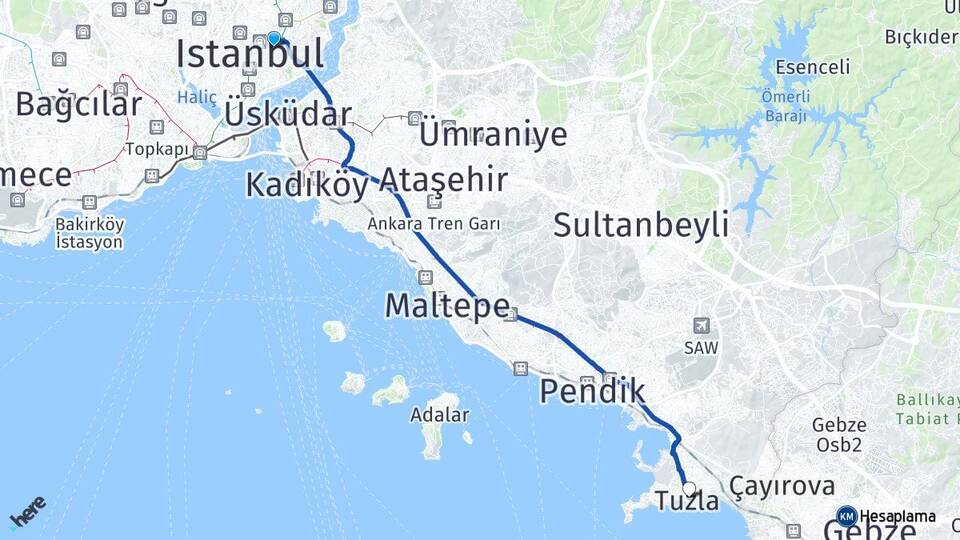İstanbul Beşiktaş Gayrettepe Tuzla Arası Kaç Km - Yol Haritası