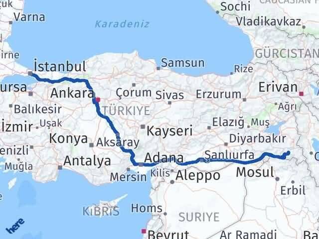 İstanbul Beşiktaş Hakkari Arası Kaç Km - Yol Haritası
