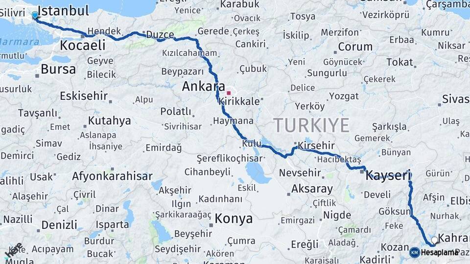 İstanbul Beşiktaş Kahramanmaraş Arası Kaç Km - Yol Haritası