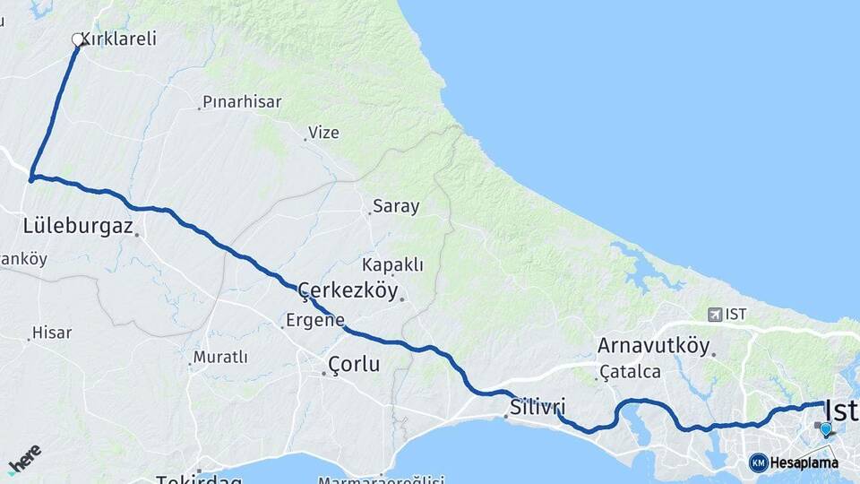 İstanbul Beşiktaş Kırklareli Arası Kaç Km - Yol Haritası