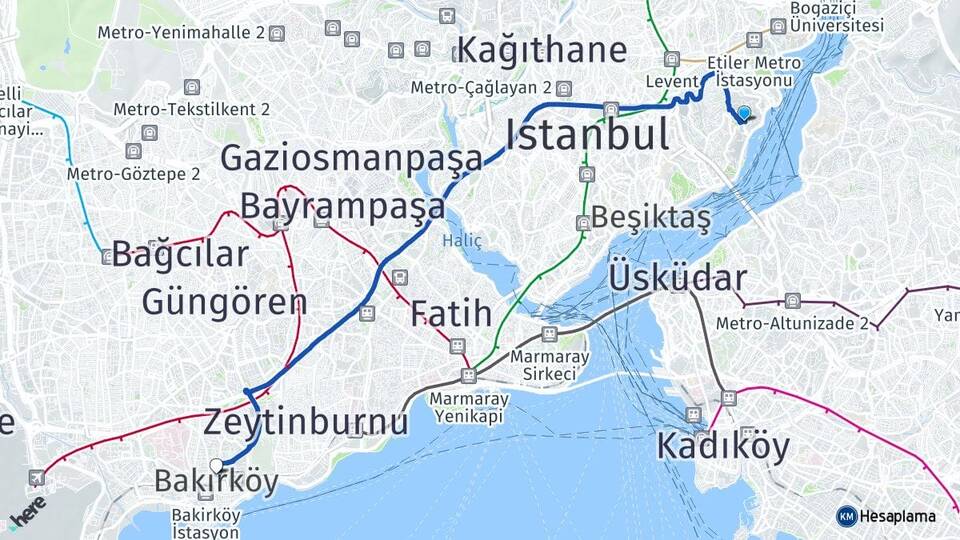 İstanbul Beşiktaş Kuruçeşme Bakırköy Arası Kaç Km - Yol Haritası