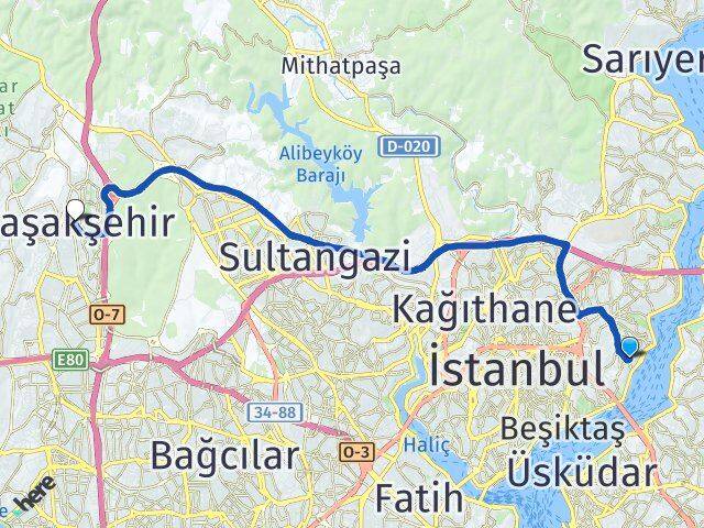 İstanbul Beşiktaş Kuruçeşme Başakşehir Arası Kaç Km - Yol Haritası