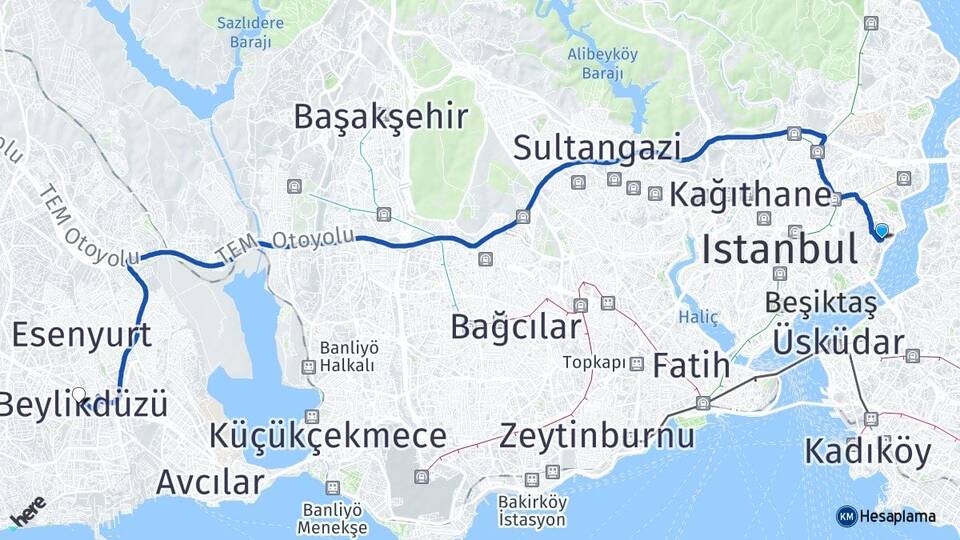 İstanbul Beşiktaş Kuruçeşme Beylikdüzü Arası Kaç Km - Yol Haritası