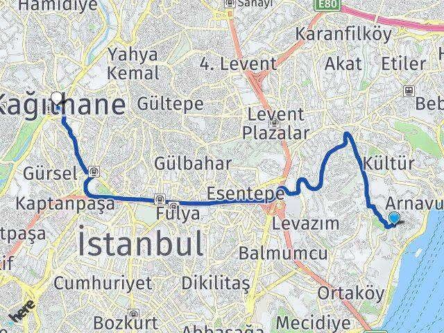 İstanbul Beşiktaş Kuruçeşme Kağıthane Arası Kaç Km - Yol Haritası