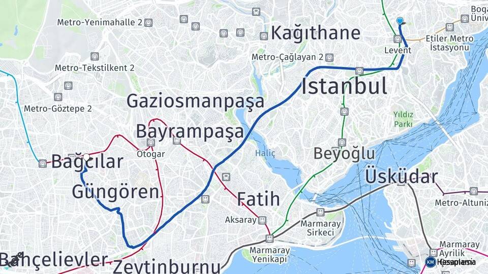İstanbul Beşiktaş Levent Bağcılar Arası Kaç Km - Yol Haritası