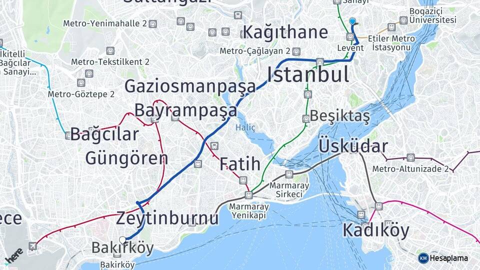 İstanbul Beşiktaş Levent Bakırköy Arası Kaç Km - Yol Haritası