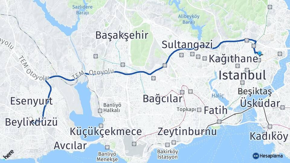 İstanbul Beşiktaş Levent Beylikdüzü Arası Kaç Km - Yol Haritası