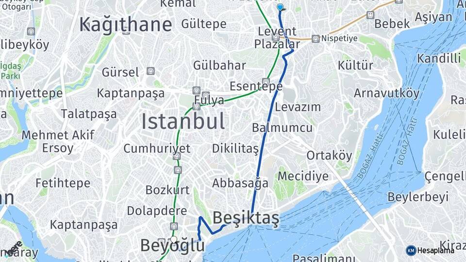 İstanbul Beşiktaş Levent Beyoğlu Arası Kaç Km - Yol Haritası