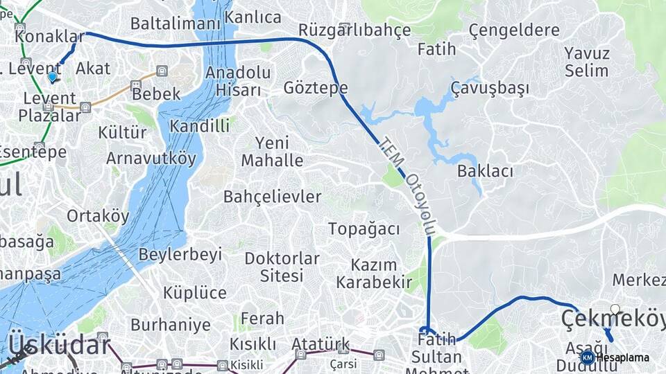 İstanbul Beşiktaş Levent Çekmeköy Arası Kaç Km - Yol Haritası