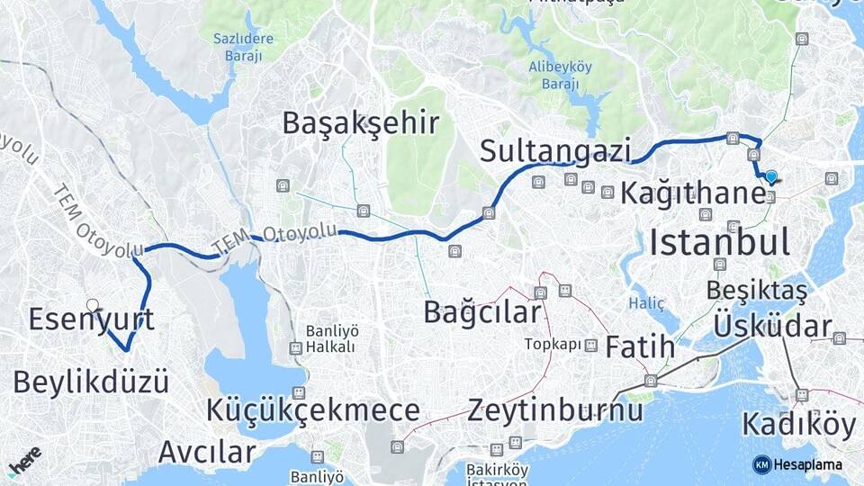İstanbul Beşiktaş Levent Esenyurt Arası Kaç Km - Yol Haritası