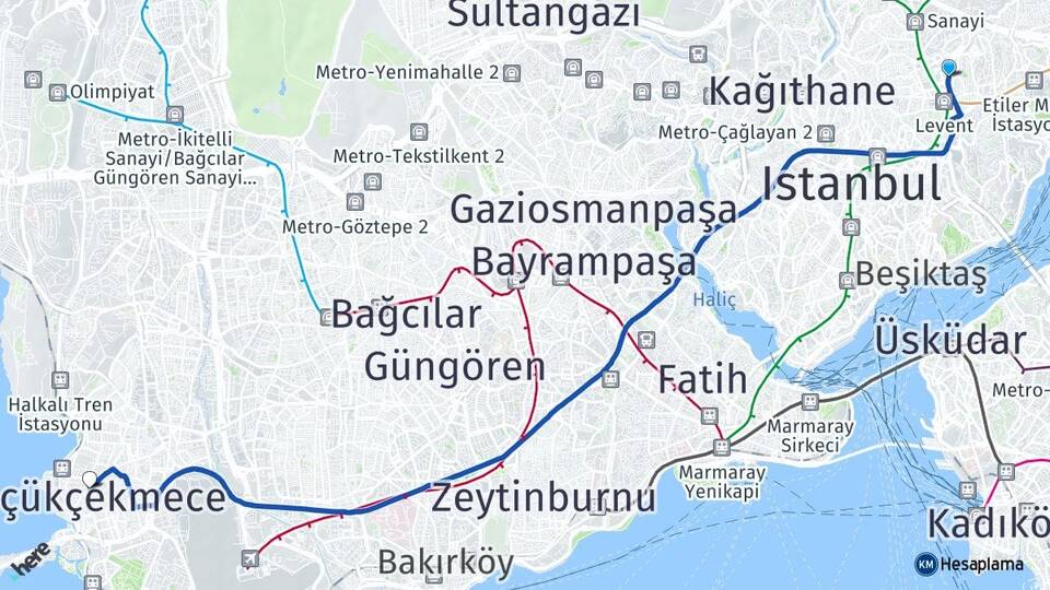 İstanbul Beşiktaş Levent Küçükçekmece Arası Kaç Km - Yol Haritası