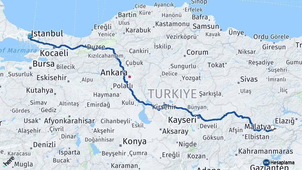 İstanbul Beşiktaş Malatya Arası Kaç Km - Yol Haritası