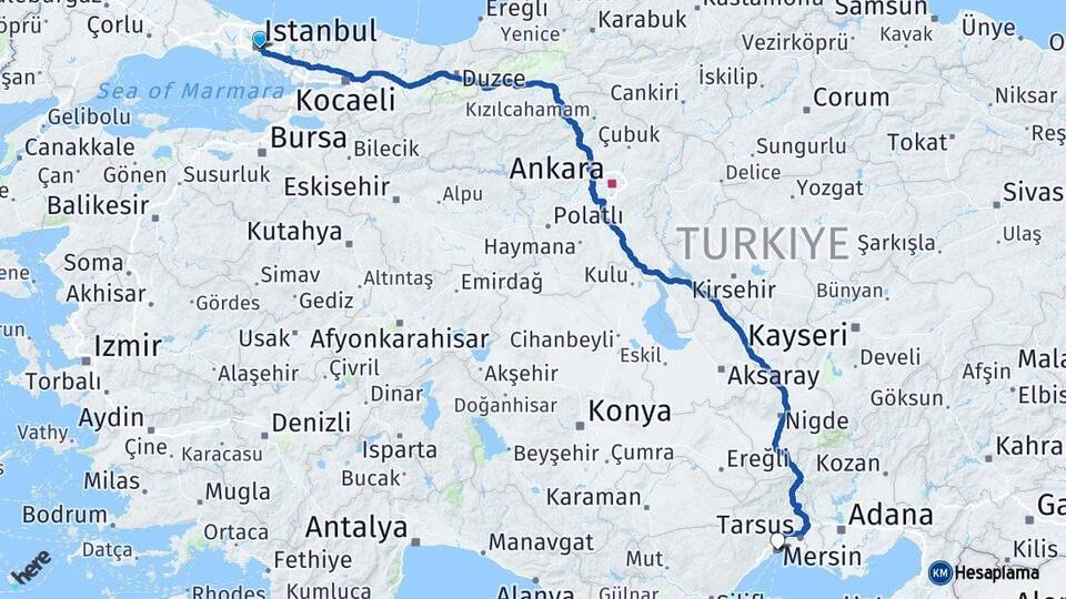 İstanbul Beşiktaş Mersin Arası Kaç Km - Yol Haritası