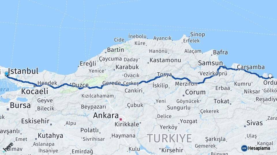 İstanbul Beşiktaş Ordu Arası Kaç Km - Yol Haritası